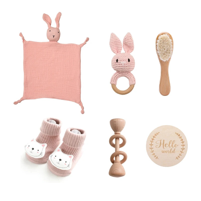 Baby Bath Set with Blanket, Rattle, Brush, Bracelet, and Towel | 7Pcs