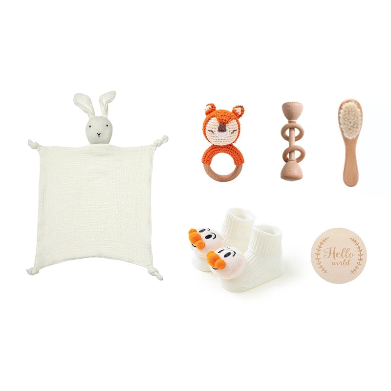 Baby Bath Set with Blanket, Rattle, Brush, Bracelet, and Towel | 7Pcs