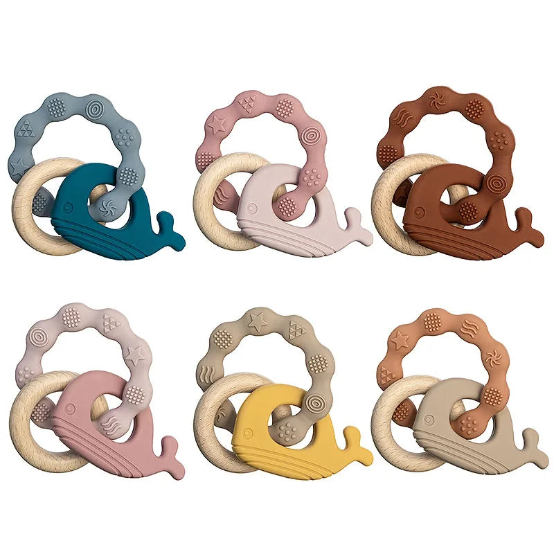 Silicone Baby Teether Bracelet with Wood Ring & Animal Pendant