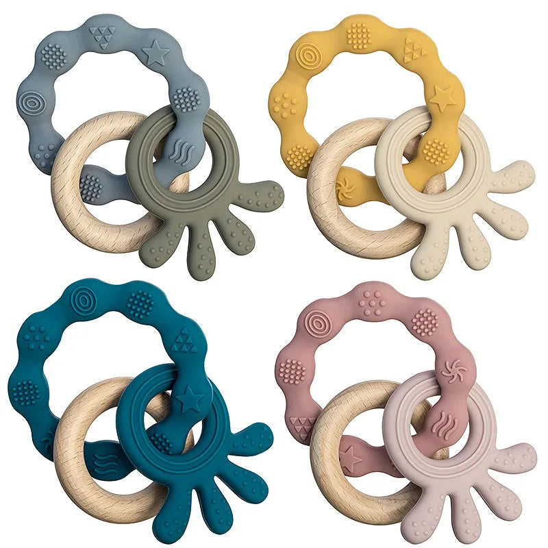 Silicone Baby Teether Bracelet with Wood Ring & Animal Pendant