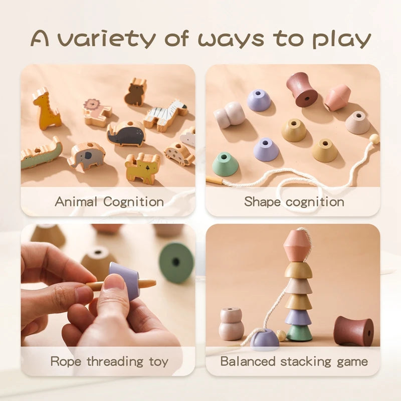 Baby Animal Threading Toys Wooden Stacking Beads