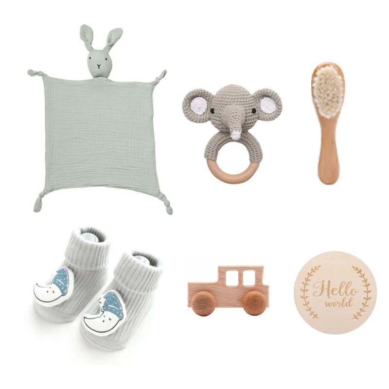 Baby Bath Set with Blanket, Rattle, Brush, Bracelet, and Towel | 7Pcs