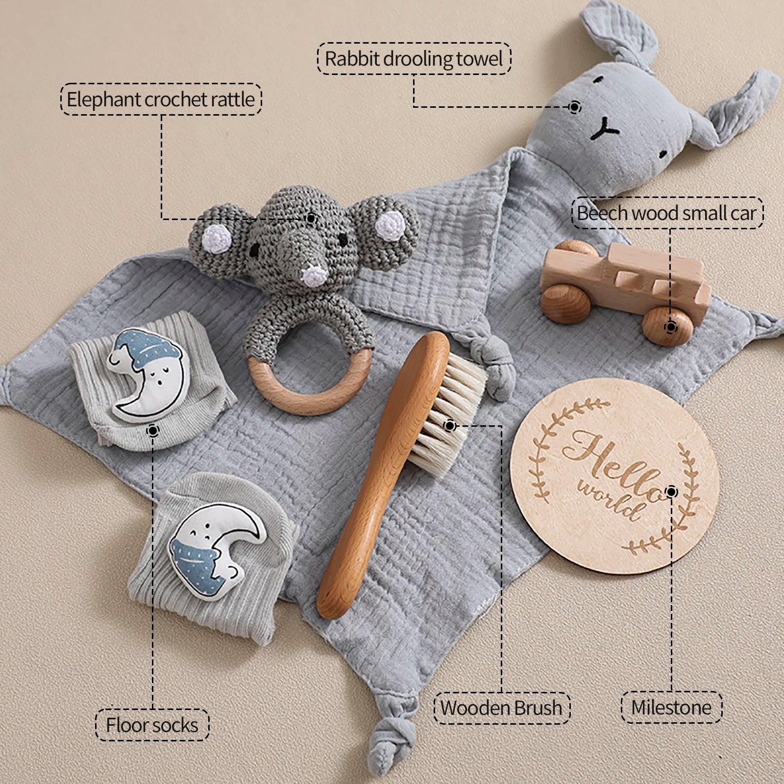 Baby Bath Set with Blanket, Rattle, Brush, Bracelet, and Towel | 7Pcs